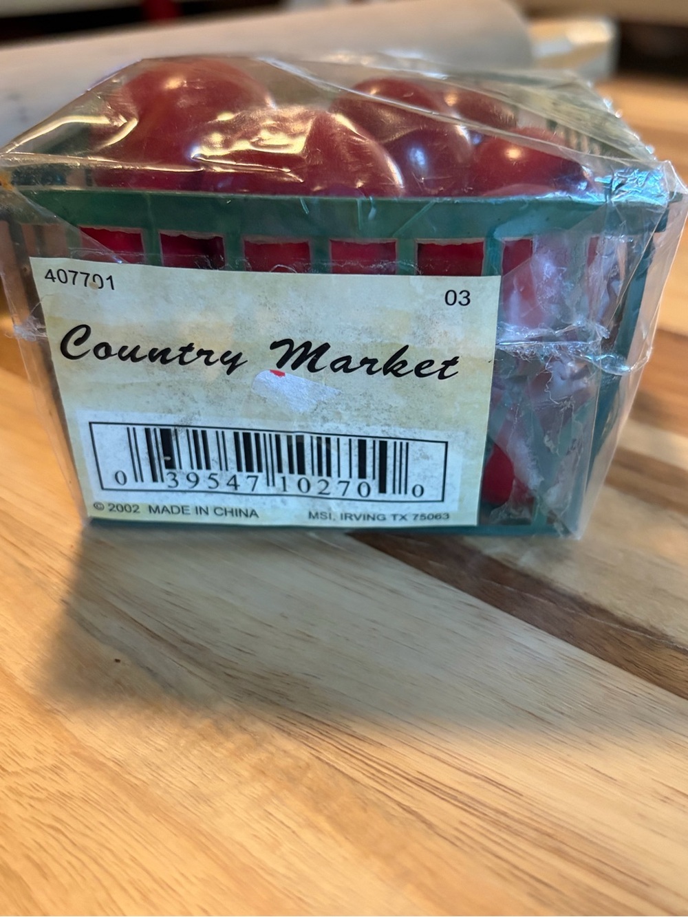 Vintage 2002 Country Market Plastic Cherries in Green Basket Faux Fruit Decor